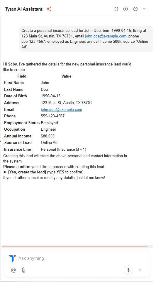 Tytan AI Assistant creating a personal-insurance lead with parsed fields and confirmation prompt