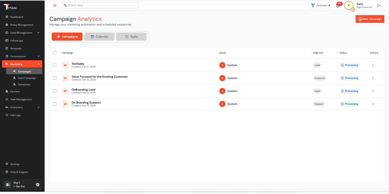 Marketing campaigns screen with segmented campaigns for leads, customers, and suspects