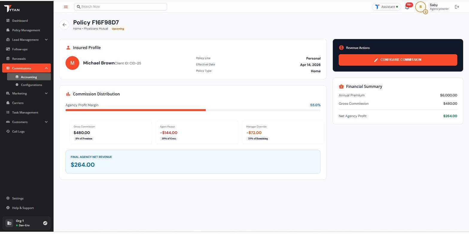 Commission distribution showing agency profit margin, gross commission, and overrides