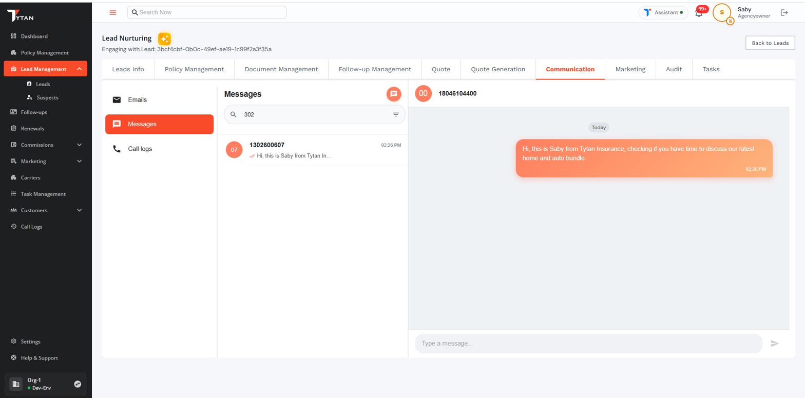 Communications hub with SMS threading and lead-attached messaging