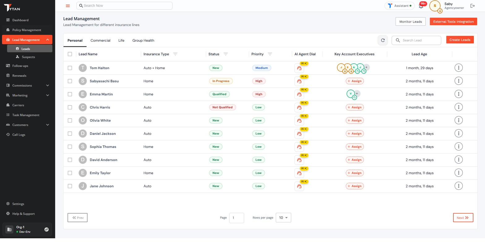 Lead management page with AI Agent Dial and Key Account Executive assignments