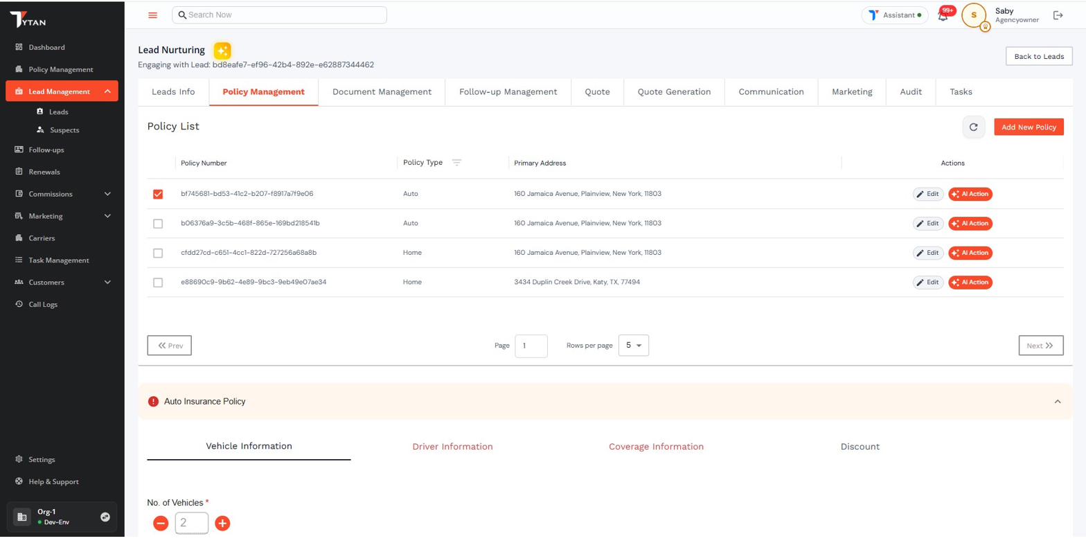 Policy workspace showing line of business, contacts, and AI Update Policy action