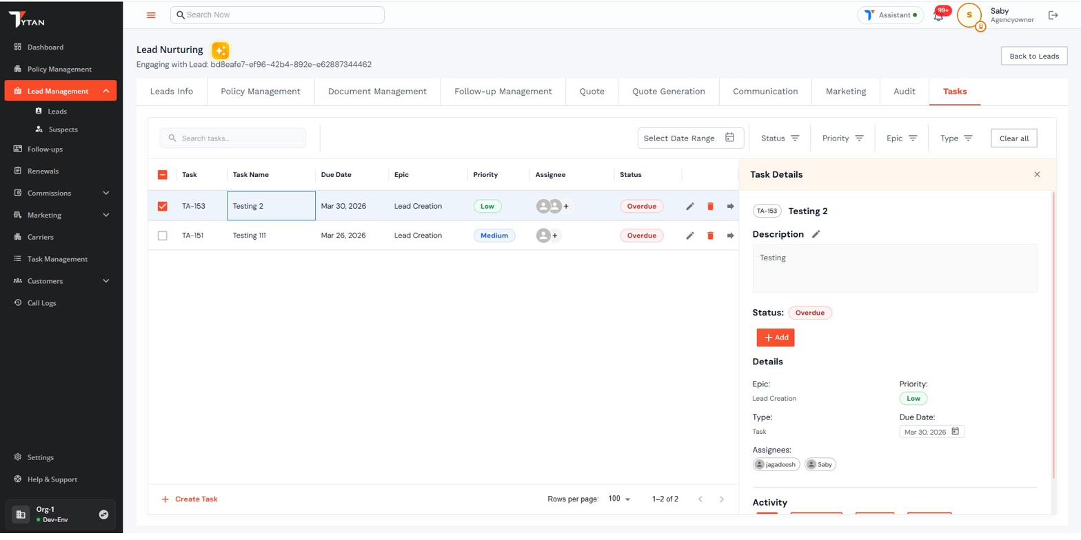 Task management panel with details, priority, epic, and assignee view